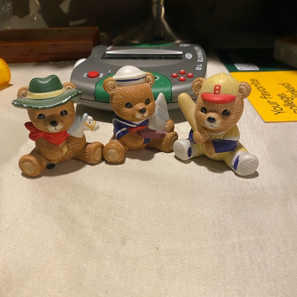 Homco Bear Figurine Trio - Brown, Green, Blue, Yellow